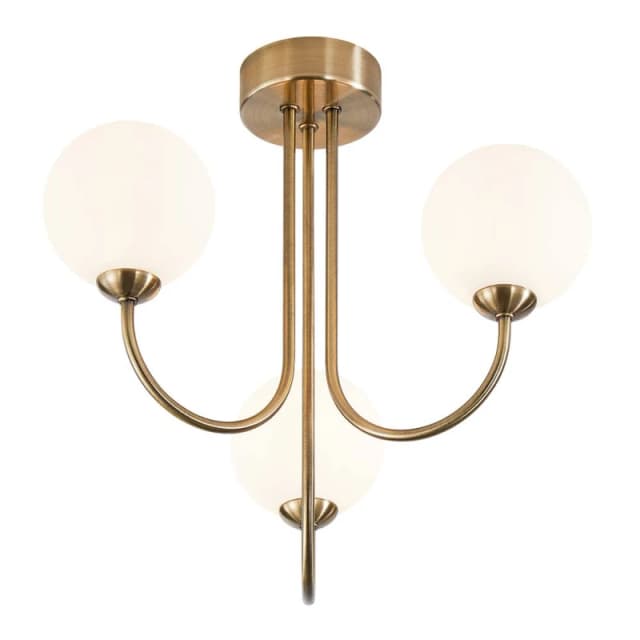 Happy Homewares Modern Designer Antique Brass Ceiling Light with Opal White Globe Glass Shades in Metallic Gold Metallic Gold Unisex