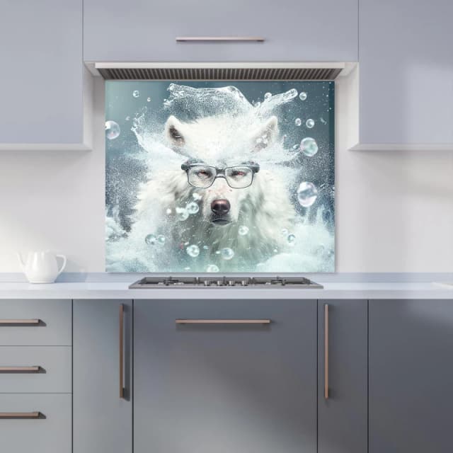 Warren Reed - Designer White Wolf With Glasses Splashart Kitchen Splashback Size: 600mm x 750mm White Unisex 600mm x 750mm