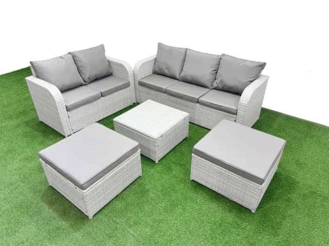 Fimous 7 Seater PE Rattan Wicker Garden Furniture Patio Conservatory Sofa Set with Square Coffee Table 3 Seater Sofa Love Sofa 2 Big Footstool Light G