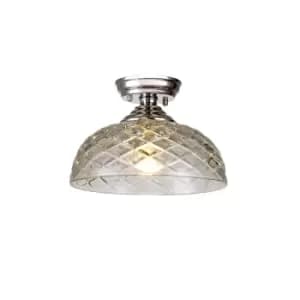 Dresden Flush Ceiling Lamp E27 With Flat Round 30cm Patterned Glass Shade Polished Nickel, Clear