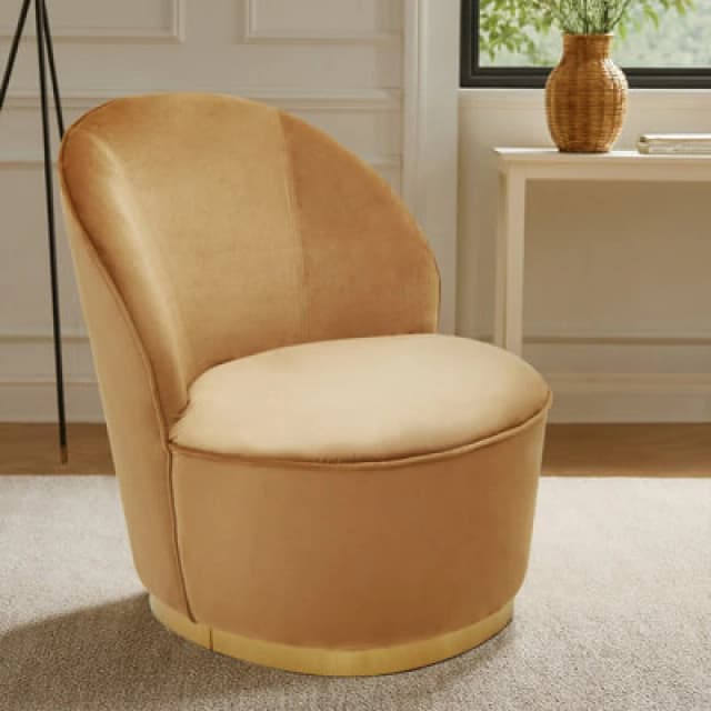 Orsina Distinctive Beige Velvet Gold Base Chair, Modern Armless Accent Chair, Beige Wooden Chair For Dining Room