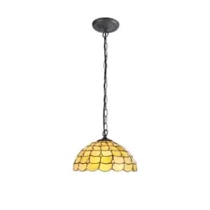 1 Light Downlighter Ceiling Pendant E27 With 40cm Tiffany Shade, Beige, Clear Crystal, Aged Antique Brass