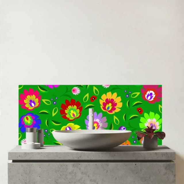 Warren Reed - Designer Polish Folk Floral Glass Bathroom Splashback in Green Green Unisex