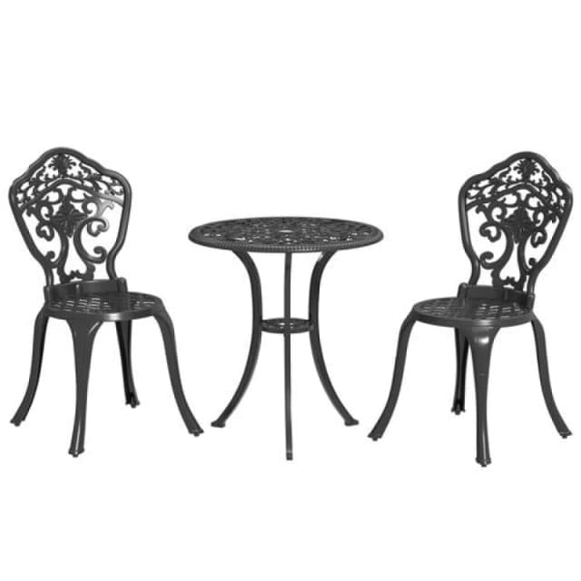 Outsunny 3 Piece Cast Aluminium Bistro Set with Parasol Hole for Balcony, Patio Black