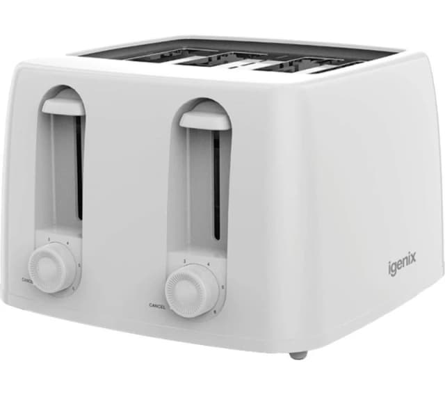 Igenix 4 Slice Toaster, 1300W, 100X100mm Slots, 6 Browning Levels, Control Dial, Cancel Function, Crumb Tray, Cord Storage, White