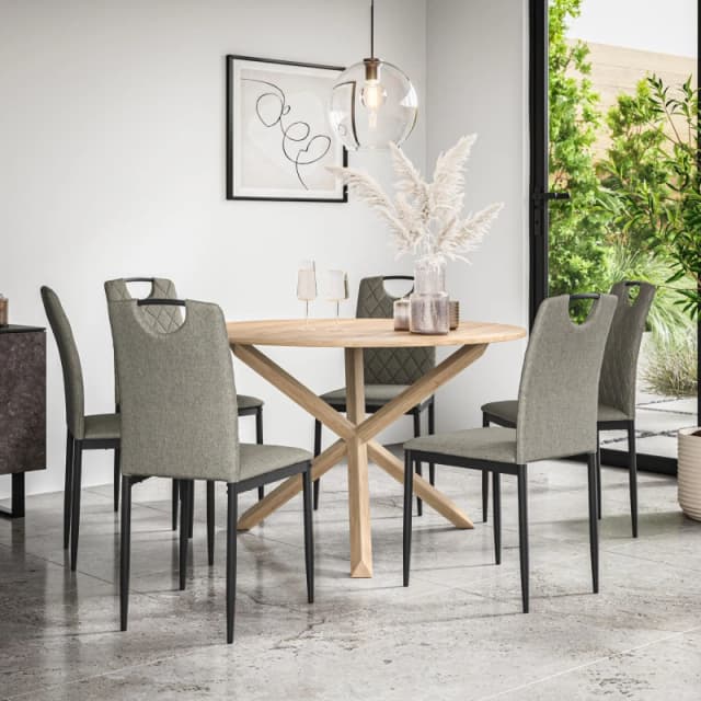 More4Homes Malvern Round Dining Table And Chairs - Oak Table Top W Solid Oak Legs + Monza Fabric Dining Chair Set Of 6 (Grey)