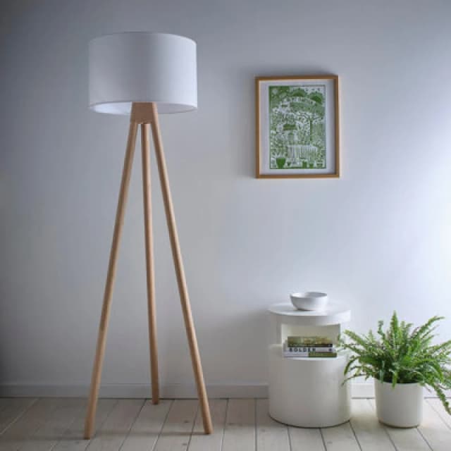 K Living Tall Oak Wooden Tripod Floor Lamp And Matching White Linen Lampshades