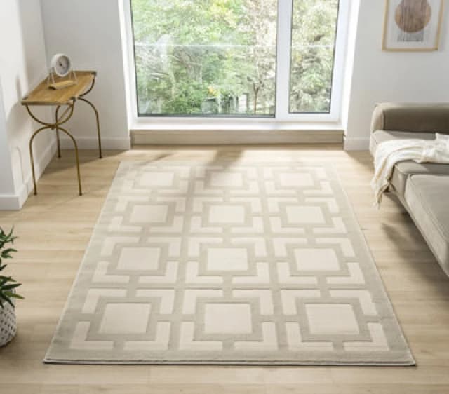 Vellure Modern Indoor Living Room Area Rug Embossed Metallic Sheen Maze Design Cream 120X170 Cm