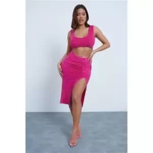 I Saw It First Hot Pink Glitter Lurex Ruched Midi Skirt - Pink