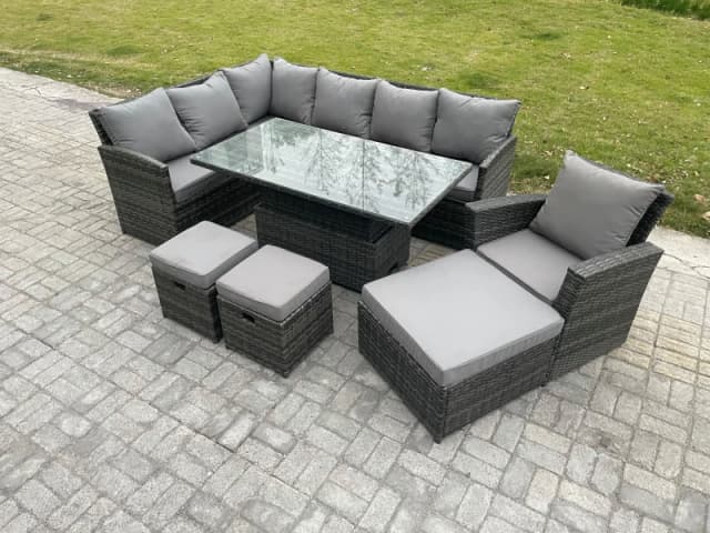 Fimous Outdoor Garden Furniture Set Wicker PE Rattan Height Adjustable Rising Lifting Table Sofa Dining Set with 3 Footstools Armchair in Dark Grey Da