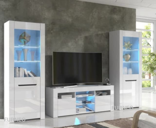 Furneo High Gloss & Matt White Living Room Set TV Stand Display Cabinets Milanow Blue LED Lights