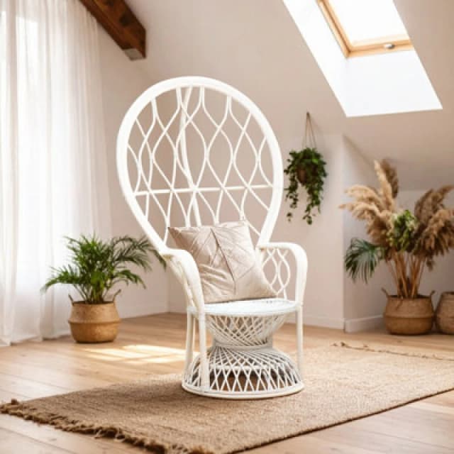 Orsina Grey And White High Back Rattan Peakcock Chair, Rattan Arm Chair, Rattan Patio Chair For Home, Garden