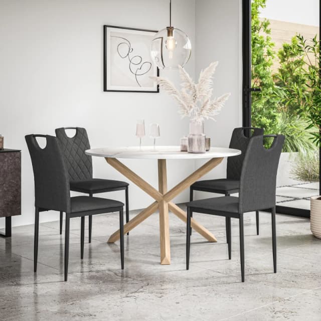 More4Homes Malvern Round Dining Table And Chairs - Marble Table Top W Solid Oak Legs + Monza Fabric Dining Chair Set Of 4 (Charcoal)