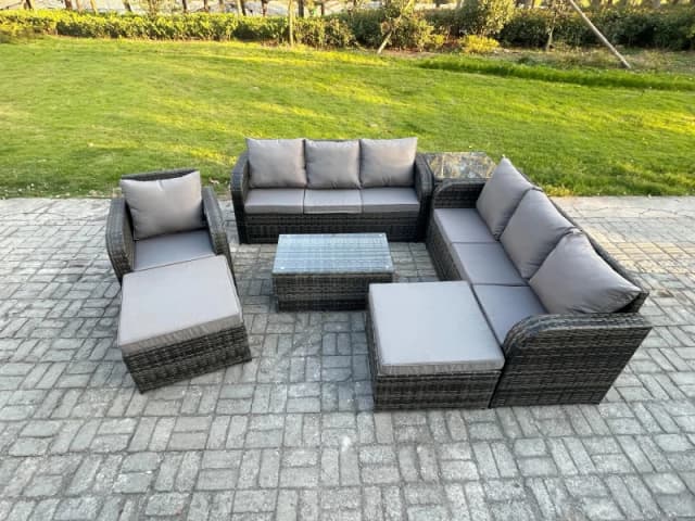 Fimous 9 Seater Rattan Lounge Sofa Set Outdoor Garden Furniture Set with Rectangular Coffee Table 3 Seater Sofa 2 Big Footstool Side Table Dark Grey
