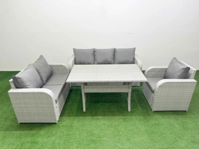 Fimous Patio PE Wicker 6 Seater Outdoor Rattan Furniture Sofa Sets with Rectangular Dining Table Reclining Chair Loveseat Sofa 3 Seater Sofa Light Gre