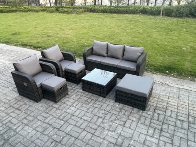 Fimous Garden Furniture Sets Wicker Rattan Furniture Patio Sofa Sets with Reclining Chair Dark Grey Mixed Dark Grey
