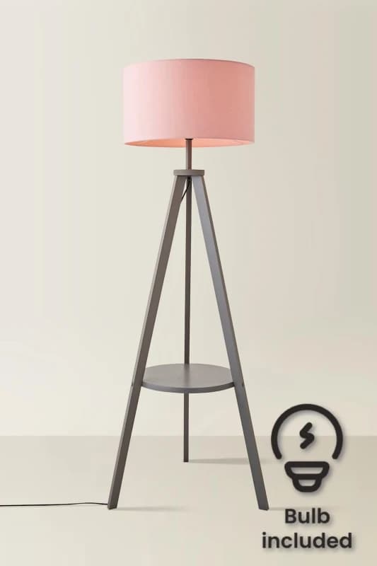 ValueLights Morrigan Grey Wood Tripod Floor Lamp With Fabric Drum Lamp Shade and LED Bulb Pale Pink