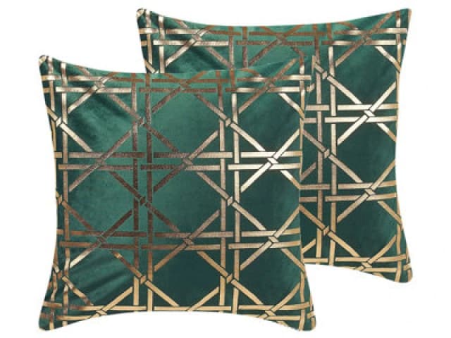 Beliani Set Of 2 Decorative Cushions Cassia 45 X 45cm Dark Green Geometric Pattern