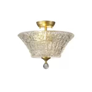 Dresden 2 Light Semi Flush Ceiling Lamp E27 With Round 38cm Patterned Glass Shade Satin Gold, Clear