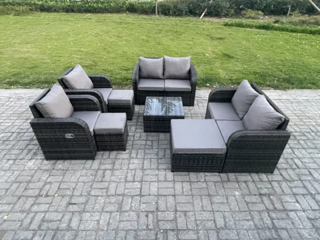 Fimous Garden Furniture Set Rattan Outdoor Lounge Sofa Chair With Tempered Glass Table 3 Footstools Dark Grey Mixed Dark Grey