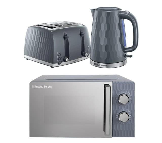 Russell Hobbs Honeycomb Solo Microwave, Jug Kettle & 4-Slice Toaster Bundle - Grey, Silver/Grey 5056233840512