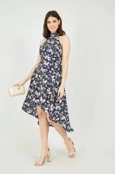 Navy Floral Halter Neck High Low Dress