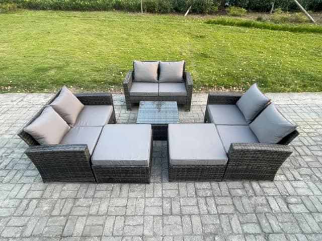 Fimous 8 Seater Outdoor Rattan Garden Furniture Set Conservatory Patio Sofa Coffee Table Set with 2 Big Footstool Dark Grey Mixed Dark Grey Unisex