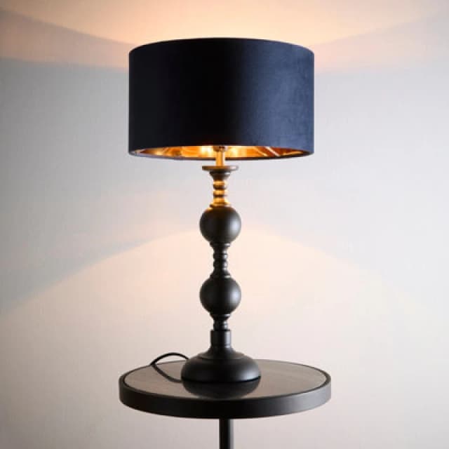 K Living Churchgate Black Metal Base Table Lamp With Navy Velvet Shade