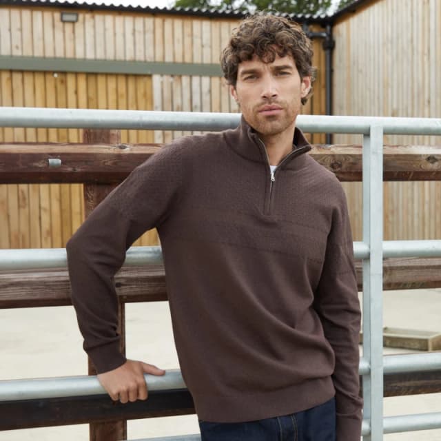 Threadbare Basket Stitch Detail Knitted Quarter Zip Jumper Brown