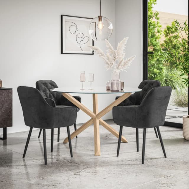 More4Homes Malvern Round Dining Table And Chairs - Clear Glass Table Top W Solid Oak Legs + Anika Velvet Dining Chair Set Of 4 (Black)