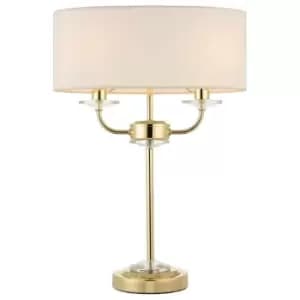 Twin Light Table Lamp 2 Bulb Brass & White Shade Crystal Trim Bedside Feature