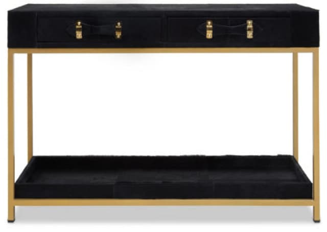 Premier Housewares Hair on Hide Console Table, Black Modern Console Table with 2 Drawer Storage, Luxe Design with Gold Frame Black