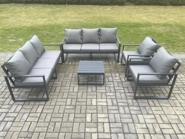Fimous Aluminium Outdoor Lounge Sofa Set Garden Furniture Sets with Square Coffee Table 2 Chairs Dark Grey 8 Seater Dark Grey Unisex