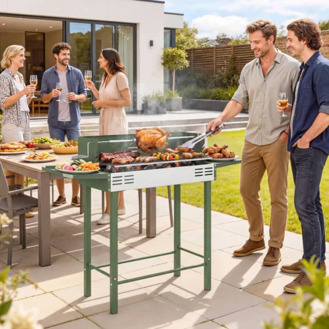 OUTSUNNY Charcoal Spit Roasting Machine w/ 3-Tier Grill Grate, Dark Green Dark Green Unisex