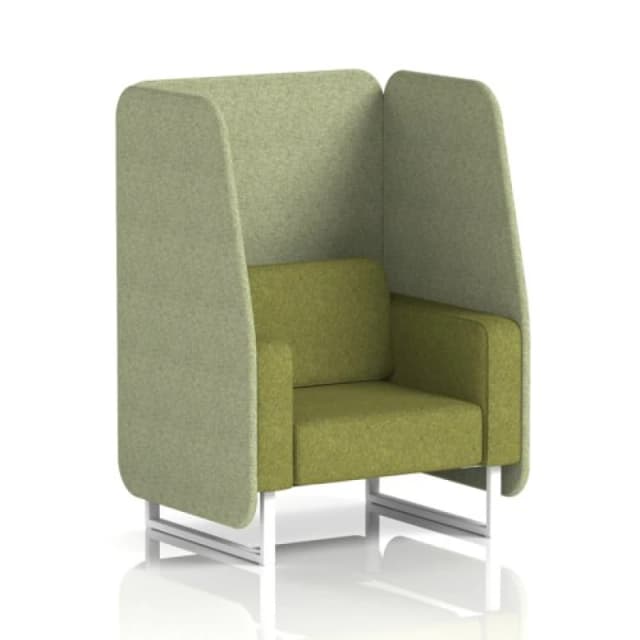 Brixworth 1 Seater Open Office Booth with White Legs in Rivet Fabric - Burnish Panels and Olive Sofa