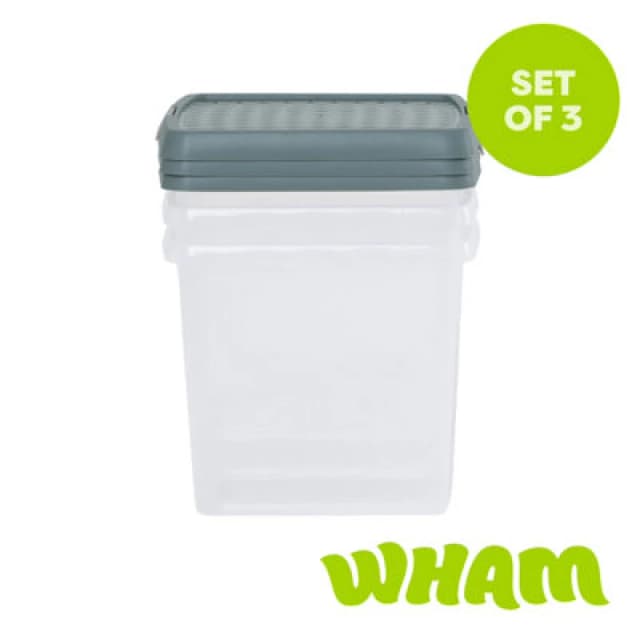 Wham Clip 3X 14L Square Plastic Storage Boxes With Clip Lock Lids. Ideal For Home, Office, Toys & More - Clear/green Milieu
