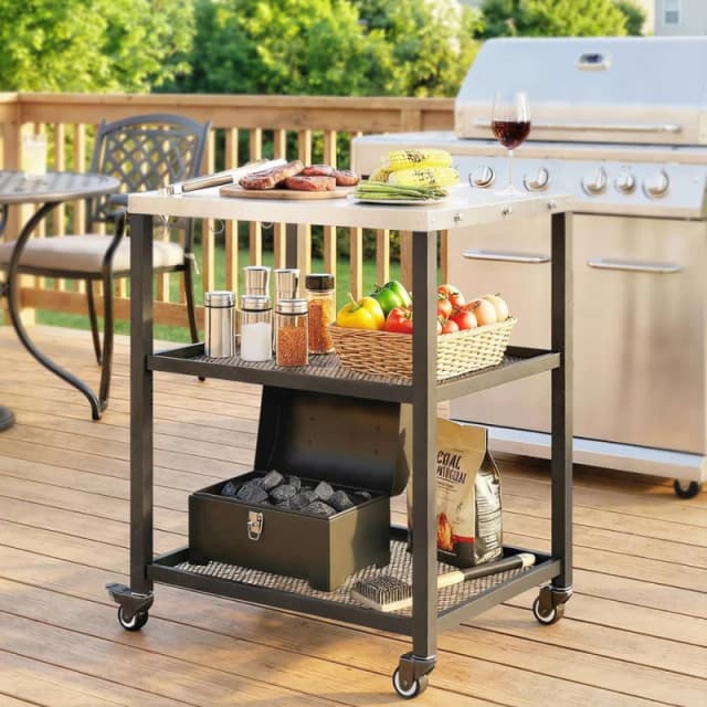 OUTSUNNY Outdoor Grill Cart, Pizza Oven Stand with Adjustable Shelf, Hooks in Black Unisex