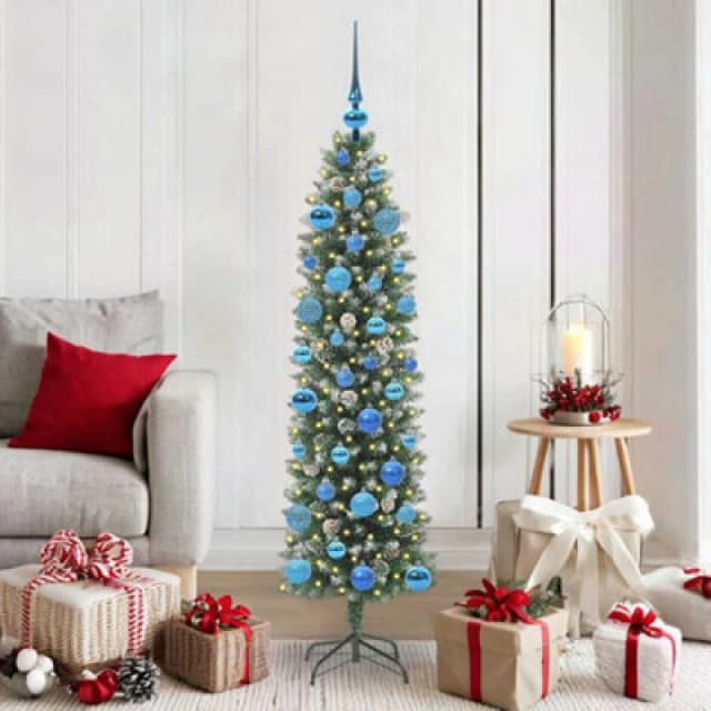 vidaXL Artificial Slim Christmas Tree with Blue Balls Green and white 150 cm, Green 3395288