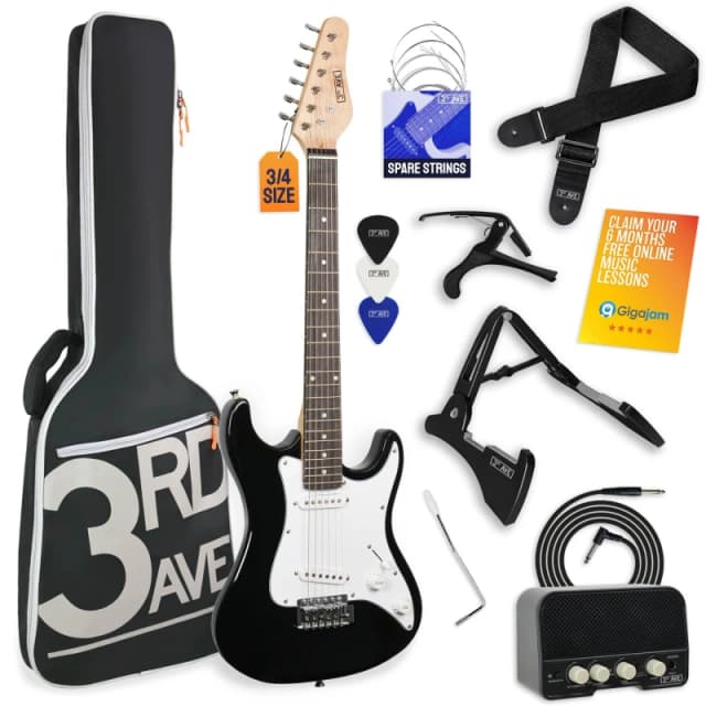 3rd Avenue three quarter Size Electric Guitar Pack with Amp Black unisex 3/4 Size