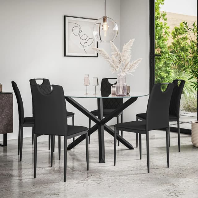 More4Homes Malvern Round Dining Table And Chairs - Clear Glass Table Top W Solid Oak Black Legs + 6 Monza Faux Leather Dining Chairs (Black)