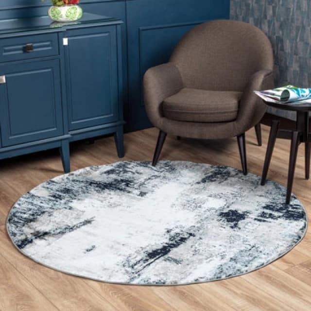 Livabliss Round Abstract Modern Marble Aqua/navy Giulia Area Rug 160 X 160 Cm - Easy Care, Non Shedding, Ideal For Living Room & Bedroom