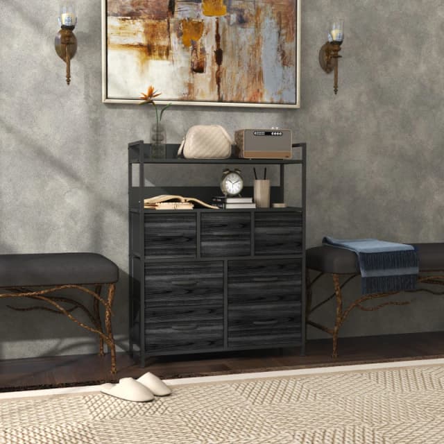 HOMCOM Bedroom Chest of Drawers 7 Drawer Dresser w/ Shelves Black