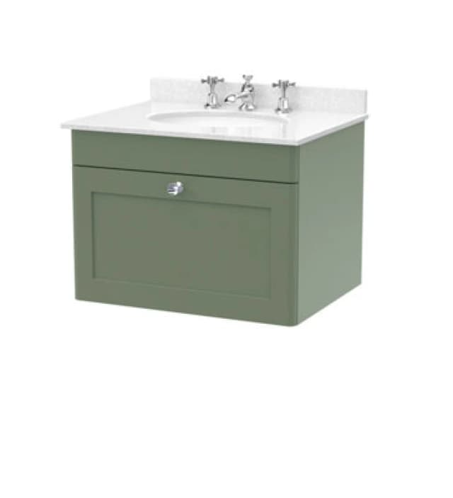 nuie 600mm Wall Hung 1 Drawer Vanity & Marble Top 3TH - Satin Green CLC894WR3
