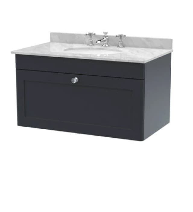 nuie 800mm Wall Hung 1 Drawer Vanity & Marble Top 3TH - Soft Black CLC1496GR3
