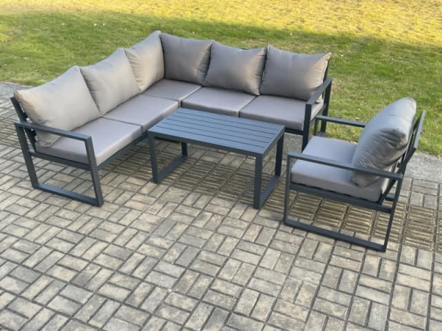 Fimous Aluminium Outdoor Garden Furniture Set Lounge Sofa Oblong Coffee Table Sets with Chair Indoor Conservatory Set Dark Grey Dark Grey Unisex