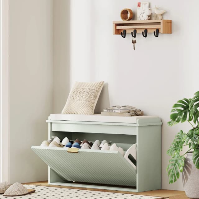 HOMCOM HOMCOM Shoe Bench with Padded Seat Cushion and Flip-Drawer in Green Green One Size Unisex 5063603951563