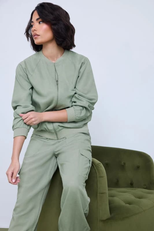 PixieGirl Petite Linen Bomber Jacket Green