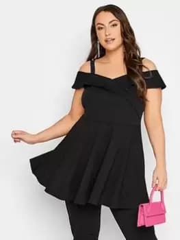 Yours Bardot Peplum Top - Black, Size 18, Women