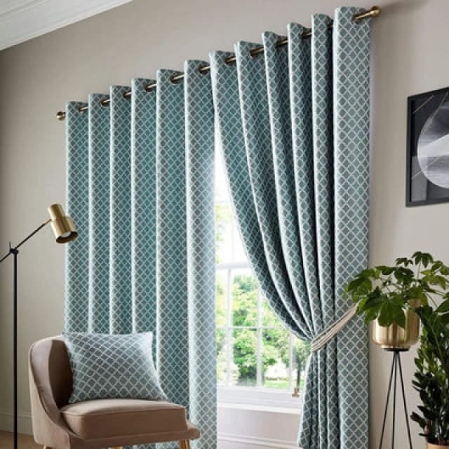 Alan Symonds Jacquard Curtains Eyelet Ring Top Fully Lined, Polyester, Teal, 90 X 72