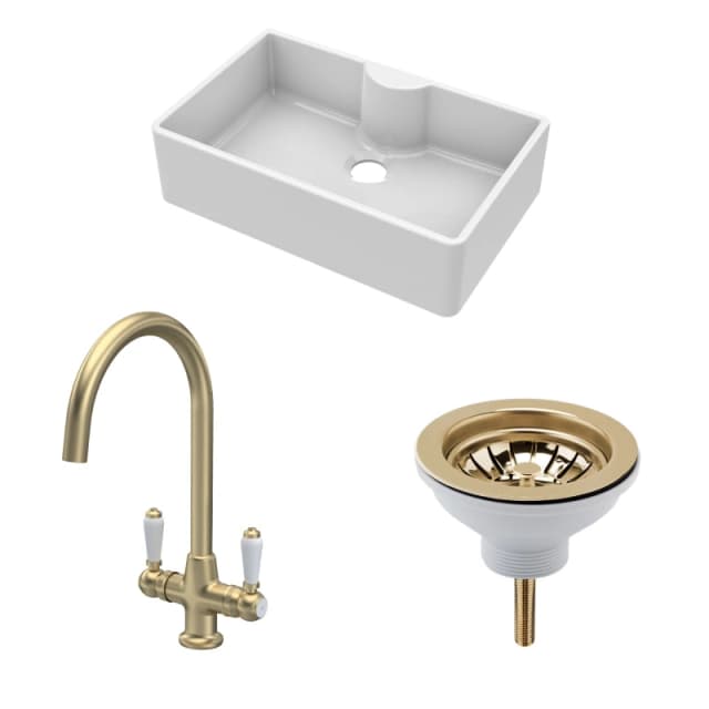 BALTERLEY Balterley - Fireclay Kitchen Bundle - Single Bowl Butler Sink with Tap Ledge, Waste & Mono Lever Tap, 795mm - Brushed Brass BKS208WT12